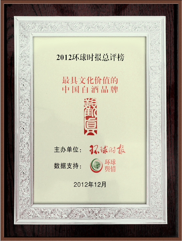 2012年-环球时报总评榜-最具文化价值中国白酒品牌（观真）